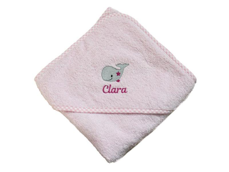 Kapuzenhandtuch mit Namen bestickt Motiv Wal rosa