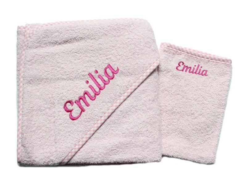 Set Kapuzenhandtuch + Waschhandschuh mit Namen bestickt vichykaro rosa