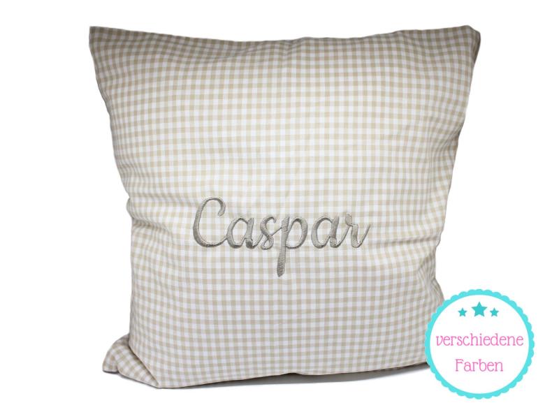 Kissen mit Namen bestickt kariert - beige