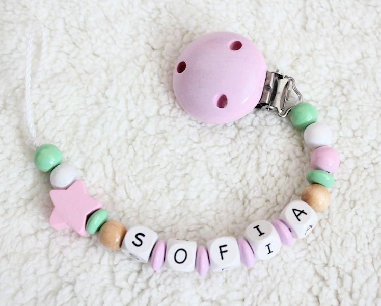 Schnullerkette mit Namen Stern rosa/mint