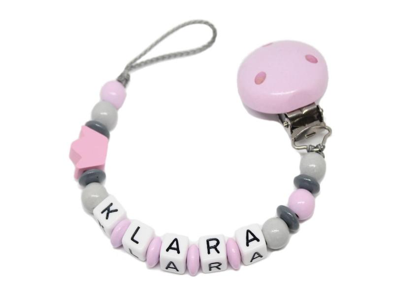 Schnullerkette mit Namen Krone rosa/grau