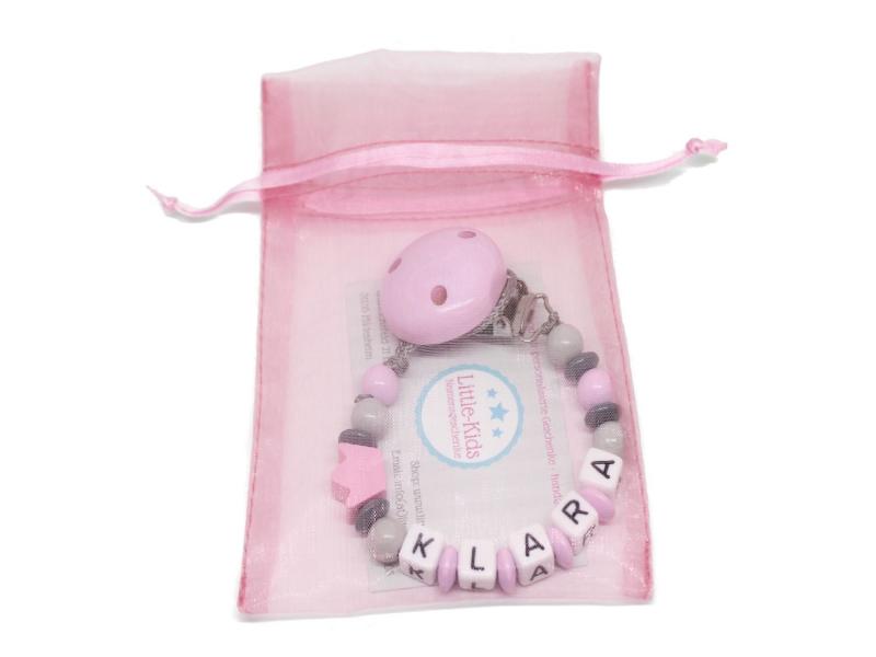 Schnullerkette mit Namen Krone rosa/grau