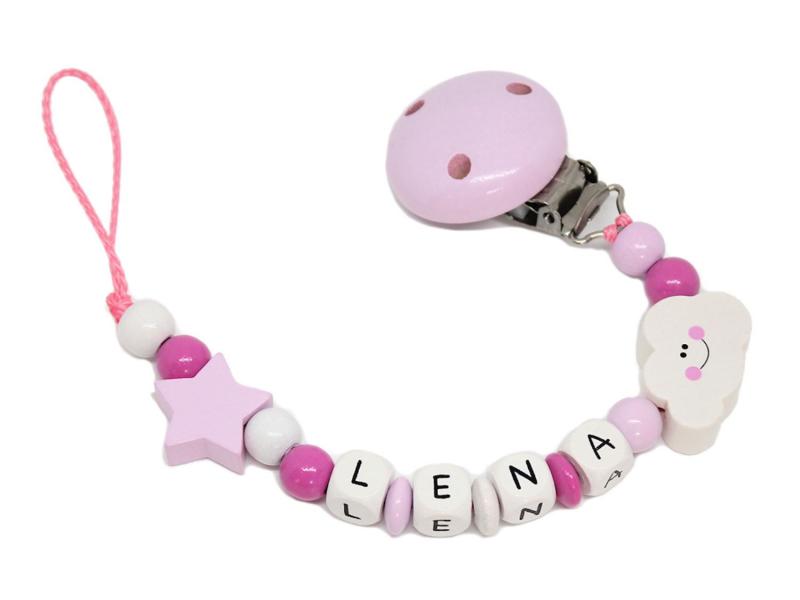 Schnullerkette mit Namen Wolke + Stern rosa/pink