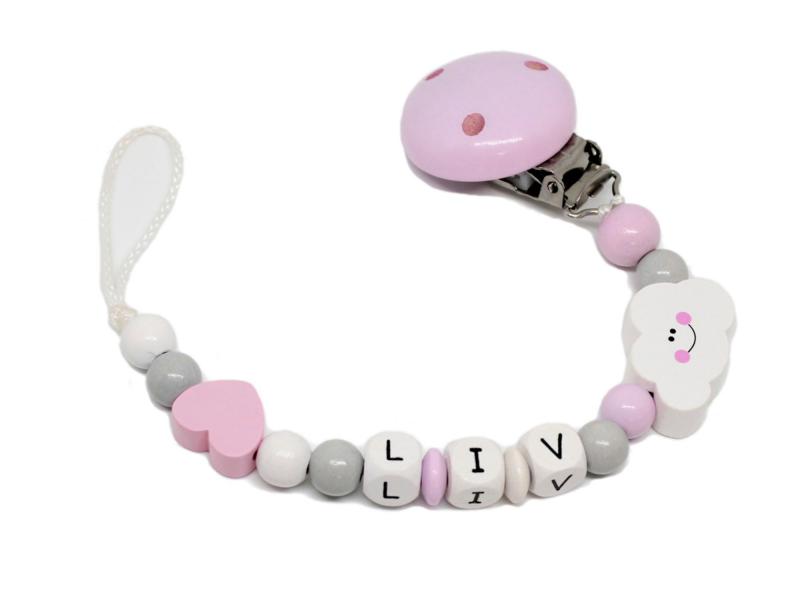 Schnullerkette mit Namen Wolke + Herz rosa/grau