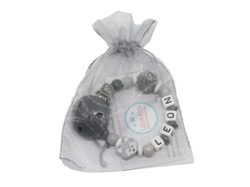 Schnullerkette mit Namen grau Verpackung