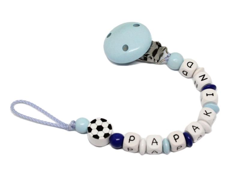Schnullerkette mit Namen Fußball hellblau