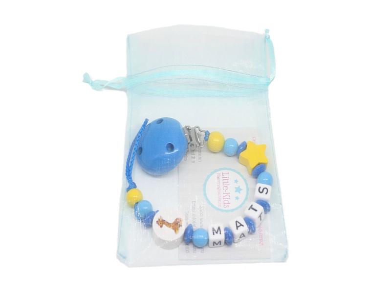 Schnullerkette mit Namen Giraffe + Stern mittelblau/gelb