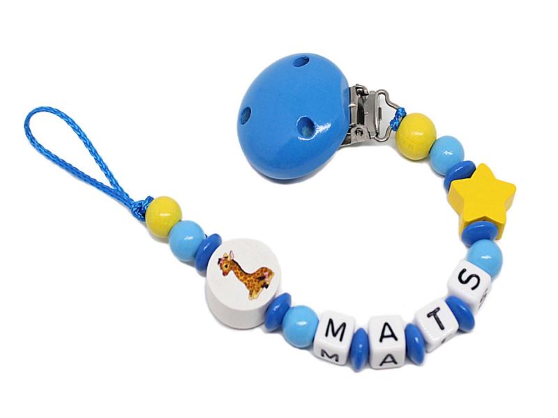 Schnullerkette mit Namen Giraffe + Stern mittelblau/gelb