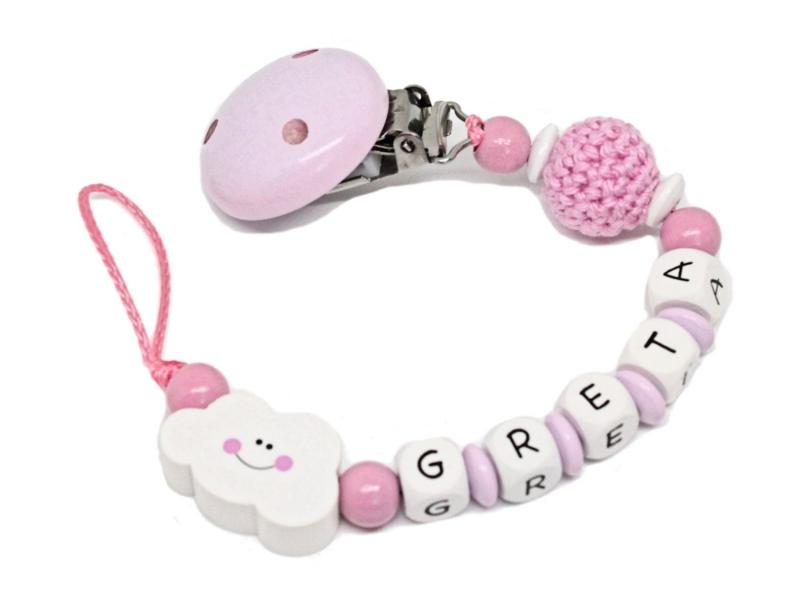 Schnullerkette mit Namen Wolke + Häkelperle rosa