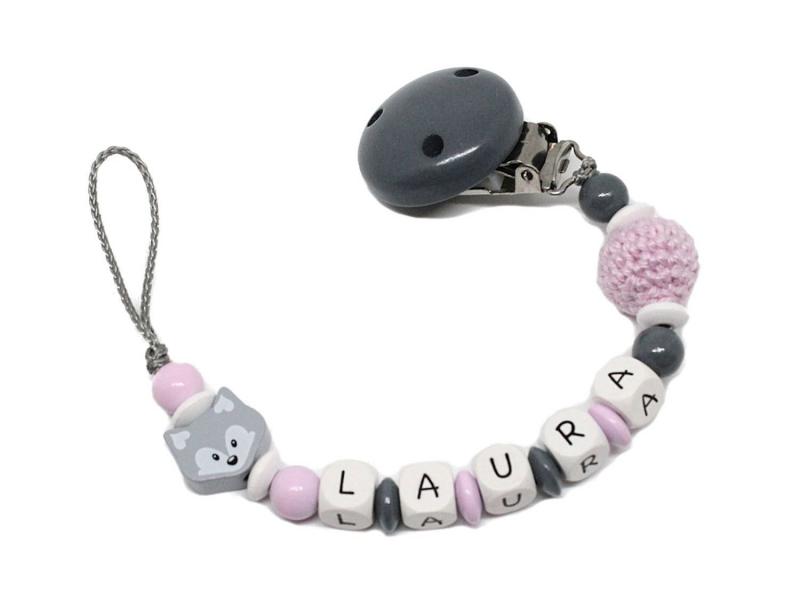 Schnullerkette mit Namen Fuchs + Häkelperle grau/rosa