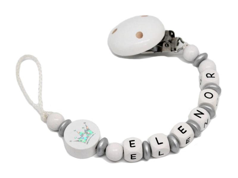 Schnullerkette mit Namen Glitzerkrone weiß