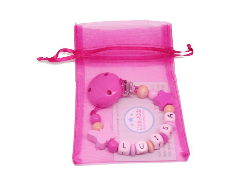 Schnullerkette mit Namen Schmetterling + Stern rosa/pink Verpackung