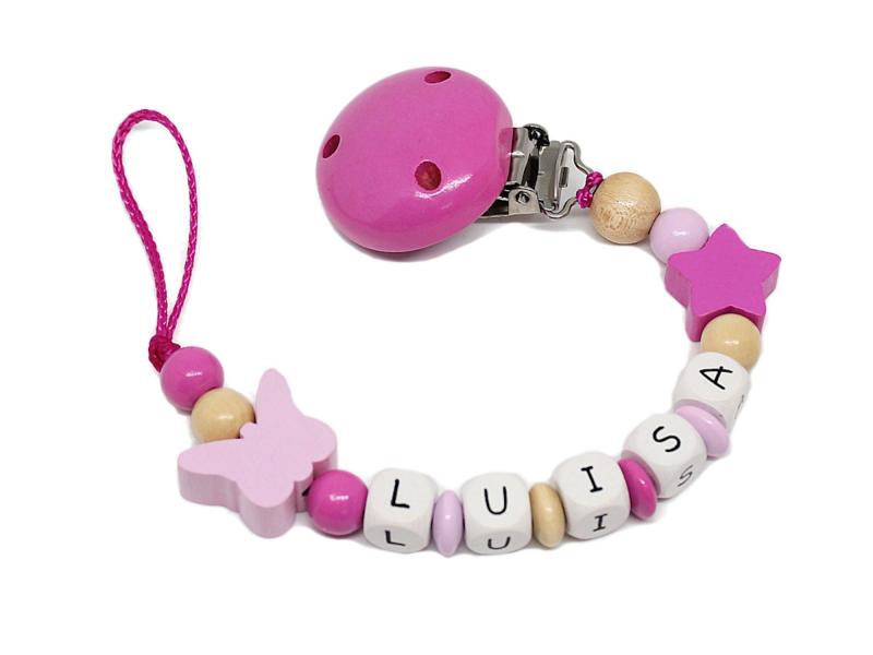 Schnullerkette mit Namen Schmetterling + Stern rosa/pink