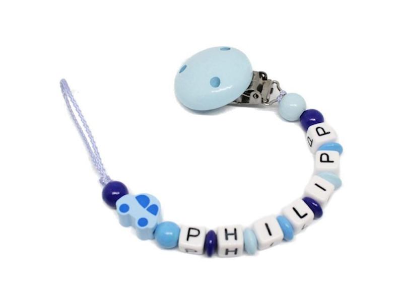 Schnullerkette mit Namen Auto hellblau/dunkelblau