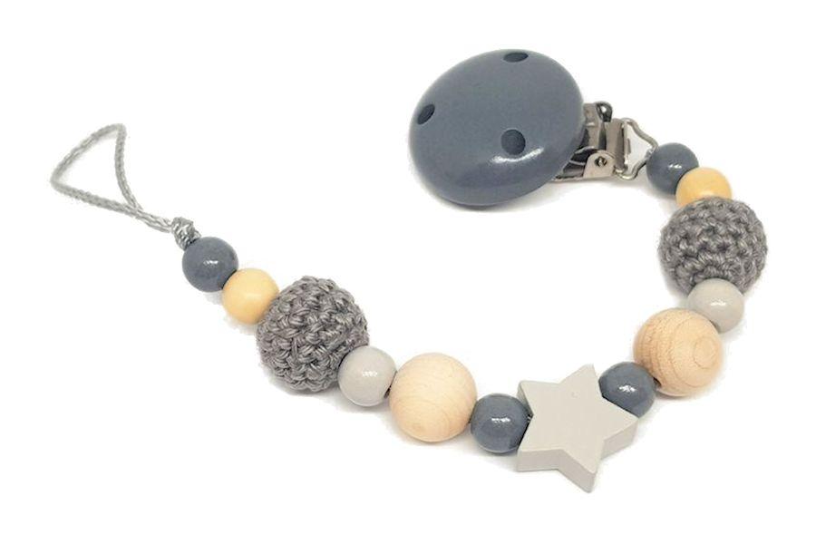 Schnullerkette Stern grau/natur