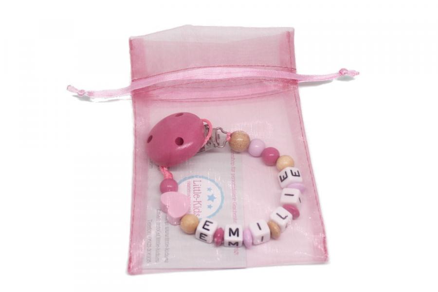 Schnullerkette mit Namen Herz rosa natur Verpackung