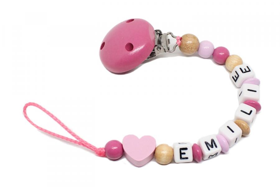 Schnullerkette mit Namen Herz rosa/natur