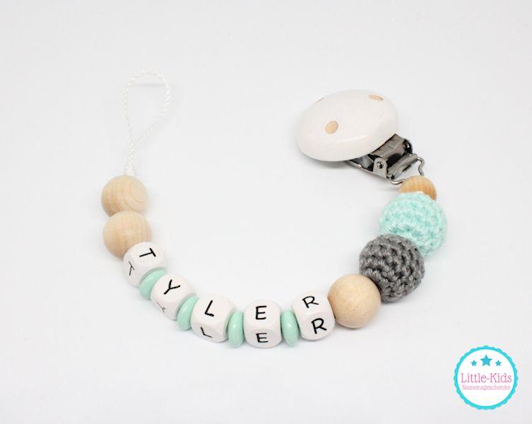 Schnullerkette mit Namen Häkelperlen mint