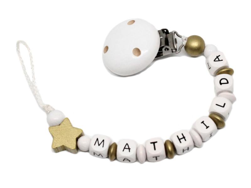 Schnullerkette mit Namen Stern gold/weiß