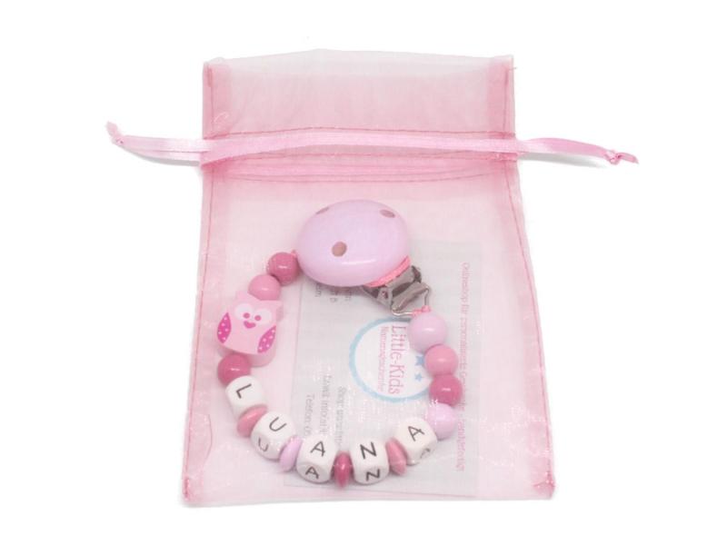 Schnullerkette mit Namen Eule rosa Verpackung
