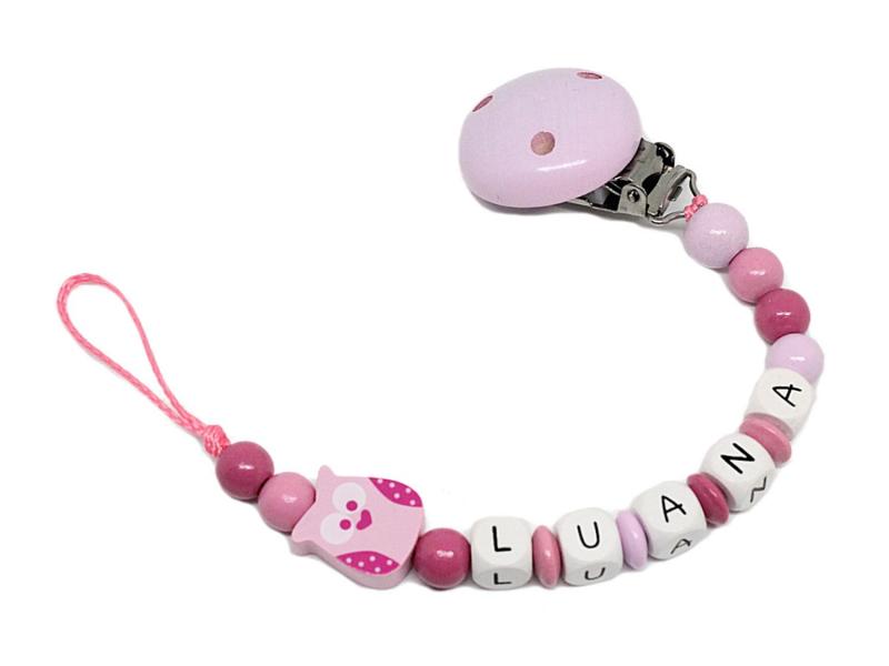Schnullerkette mit Namen Eule rosa