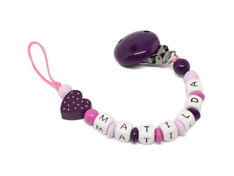 Schnullerkette mit Namen Tupfenherz violett