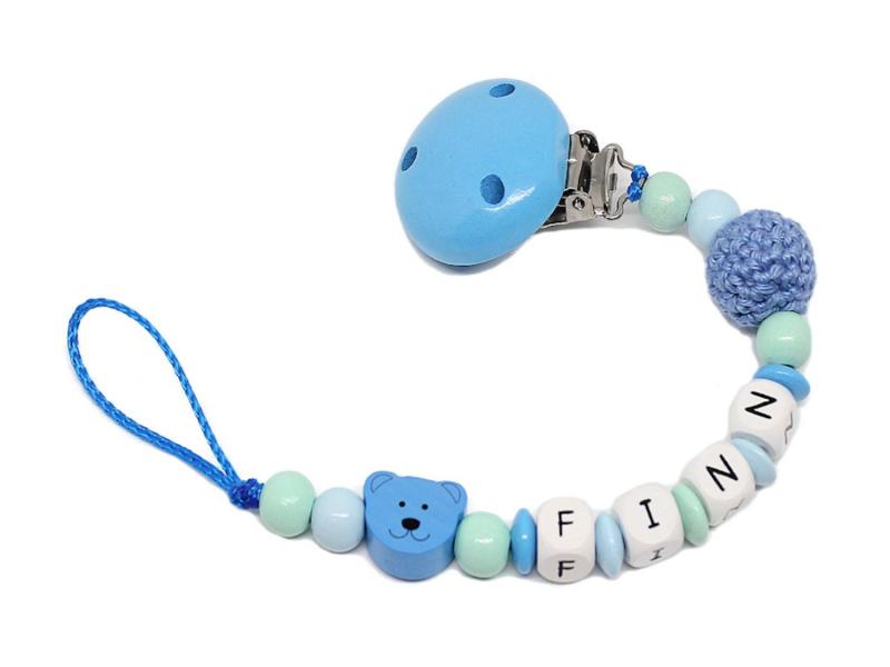 Schnullerkette mit Namen Bär + Häkelperle mittelblau