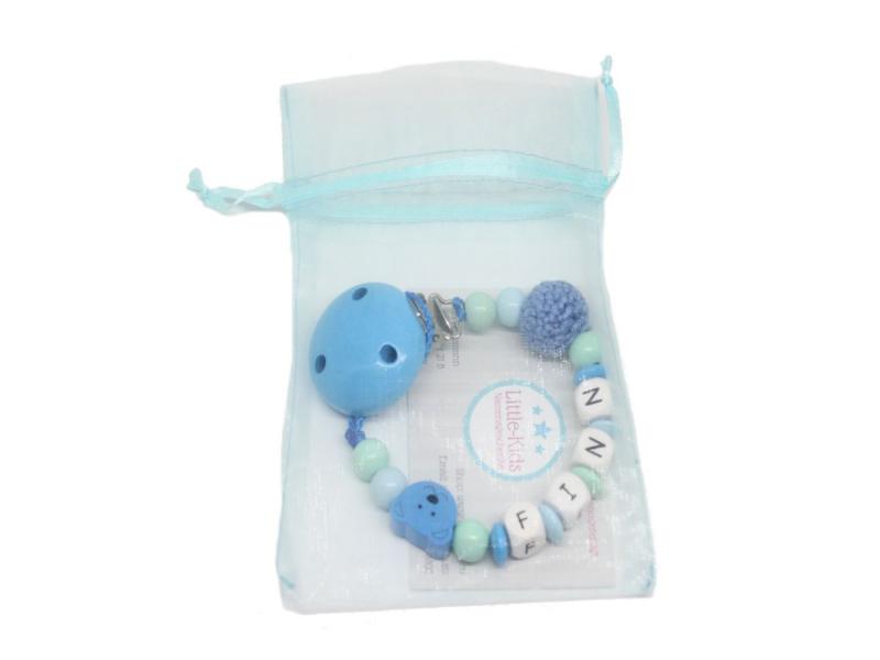 Schnullerkette mit Namen Bär + Häkelperle mittelblau