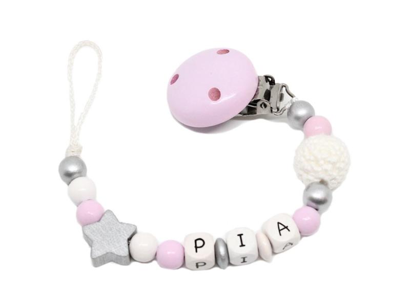 Schnullerkette mit Namen Stern + Häkelperle rosa/silber