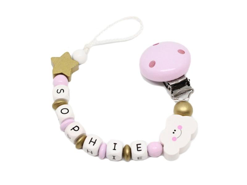 Schnullerkette mit Namen Wolke + Stern rosa/gold