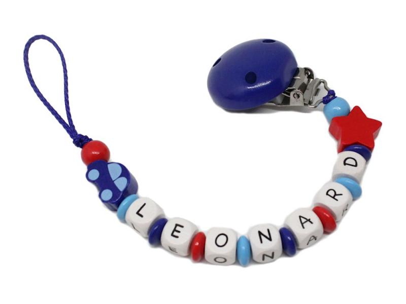 Schnullerkette mit Namen Auto + Stern blau/rot