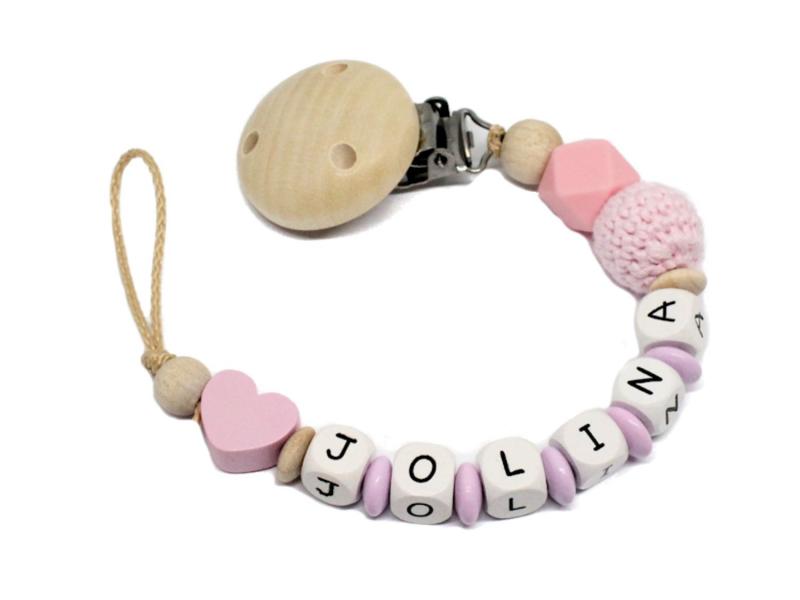 Schnullerkette mit Namen Herz + Häkelperle Hexagon rosa