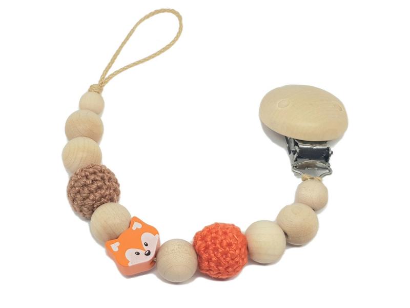 Schnullerkette Häkelperlen Fuchs Holz orange
