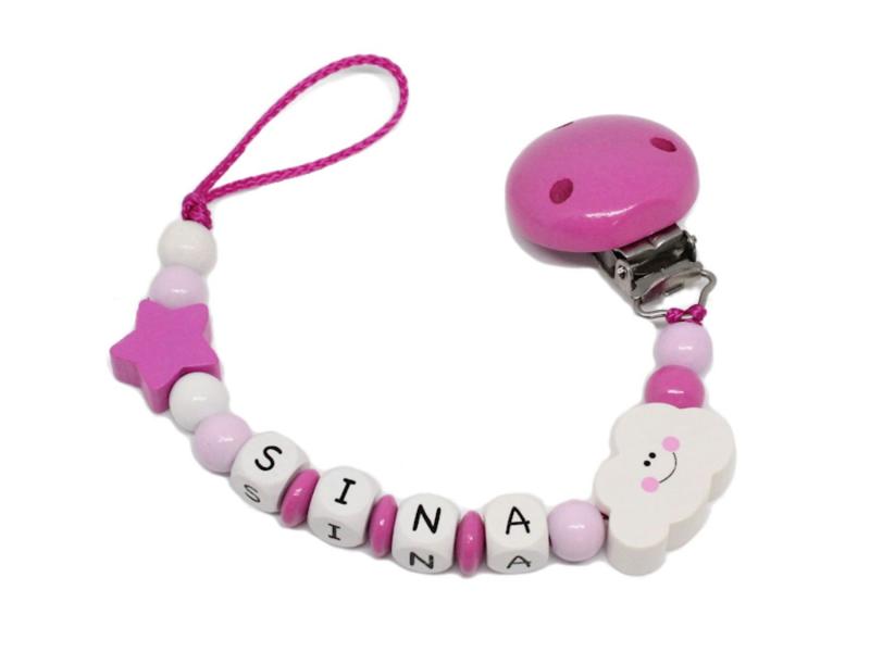 Schnullerkette mit Namen Wolke + Stern pink