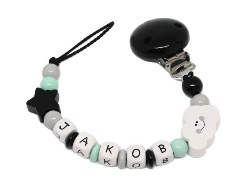 Schnullerkette mit Namen Wolke + Stern schwarz/grau/mint