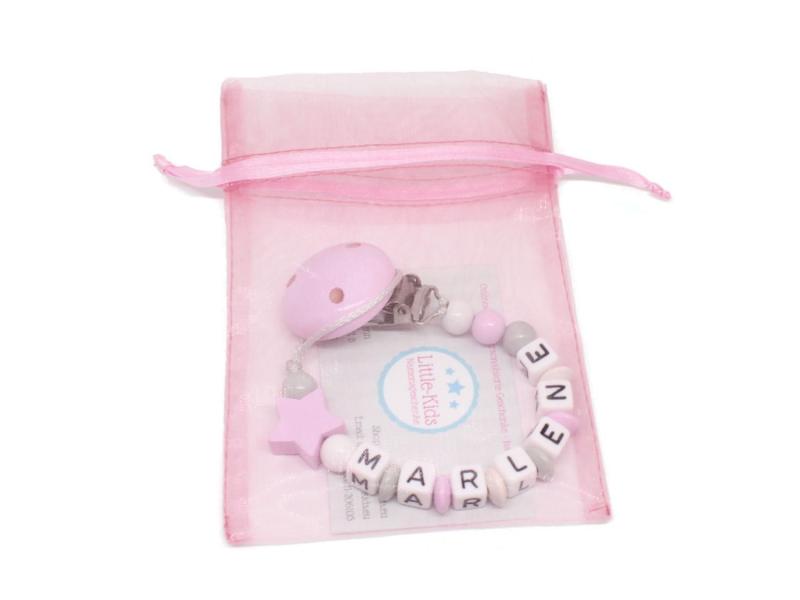 Schnullerkette mit Namen Stern rosa/grau