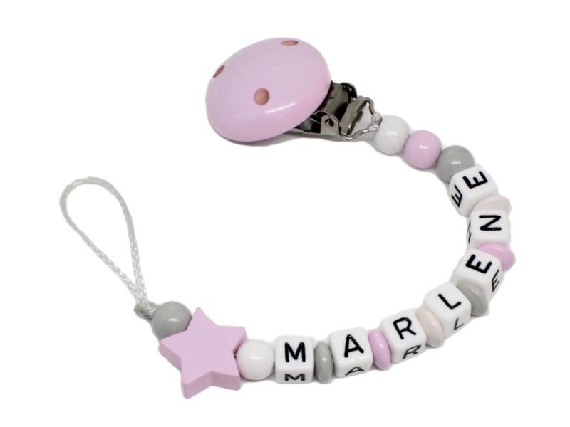 Schnullerkette mit Namen Stern rosa/grau
