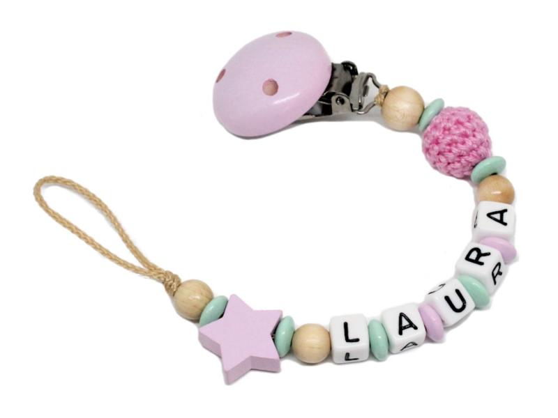 Schnullerkette mit Namen Stern + Häkelperle rosa/mint/natur