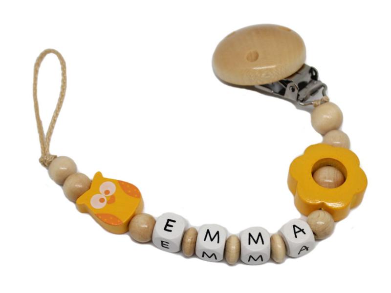 Schnullerkette mit Namen Eule + Blume natur/gelb