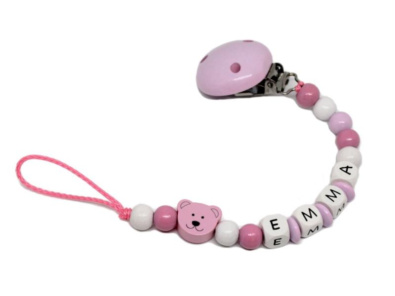 Schnullerkette mit Namen Bär rosa