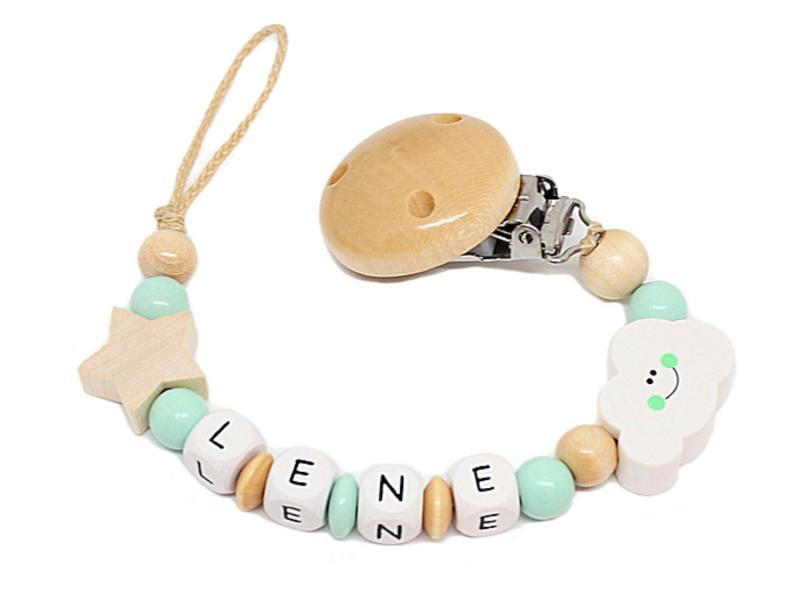 Schnullerkette mit Namen Wolke + Stern natur/mint