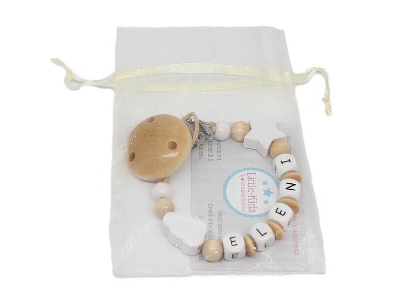 Schnullerkette mit Namen Miniwolke + Stern natur/weiß Verpackung