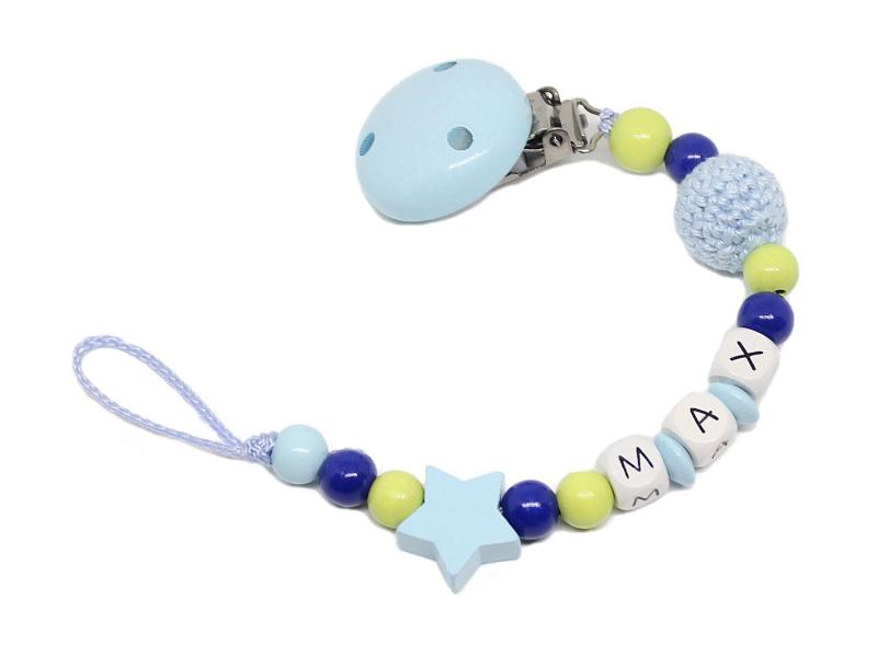 Schnullerkette mit Namen Stern + Häkelperle hellblau/lemon