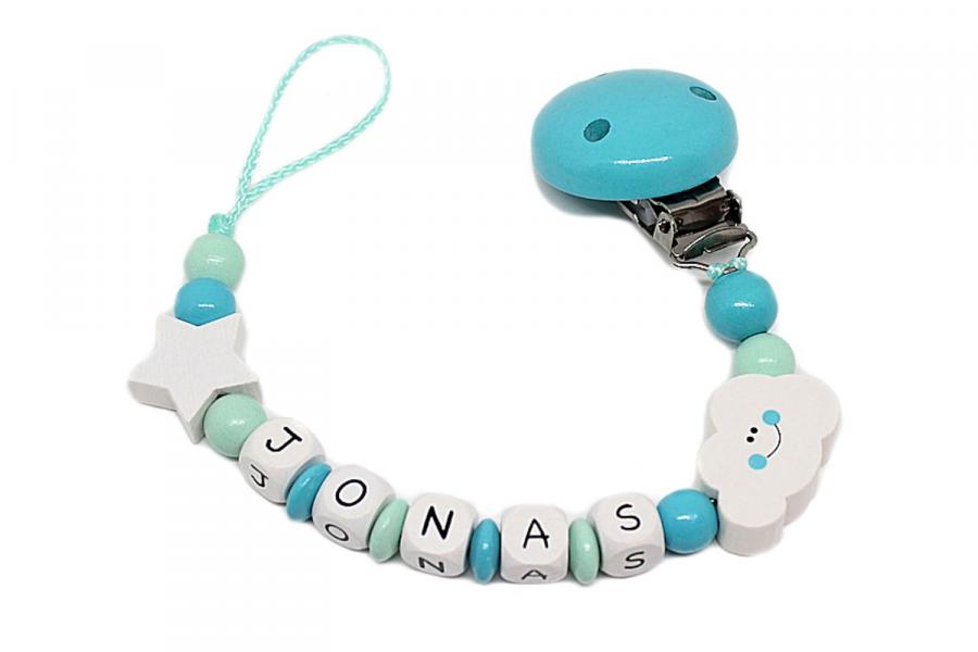 Schnullerkette mit Namen Wolke + Stern türkis mint weiß