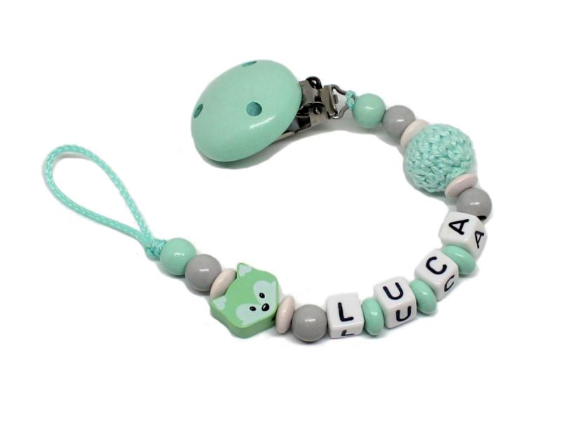 Schnullerkette mit Namen Fuchs + Häkelperle mint