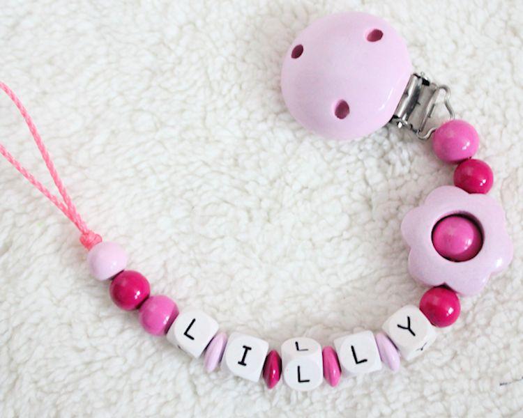 Schnullerkette mit Namen Blume rosa
