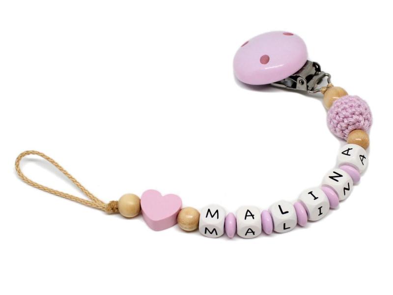 Schnullerkette mit Namen Herz + Häkelperle rosa