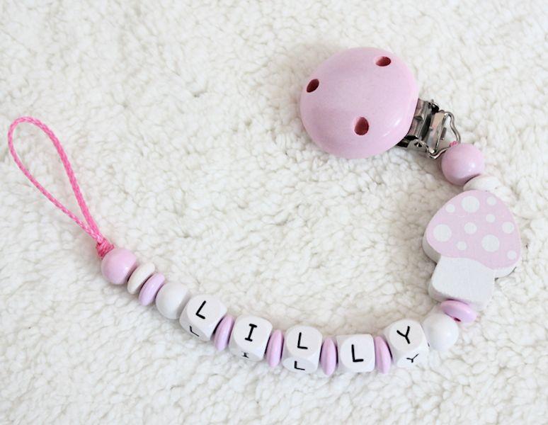 Schnullerkette mit Namen Pilz Kleeblatt Mädchen Baby Girl rosa Babygeschenk 
