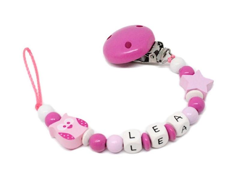 Schnullerkette mit Namen Eule + Stern pink
