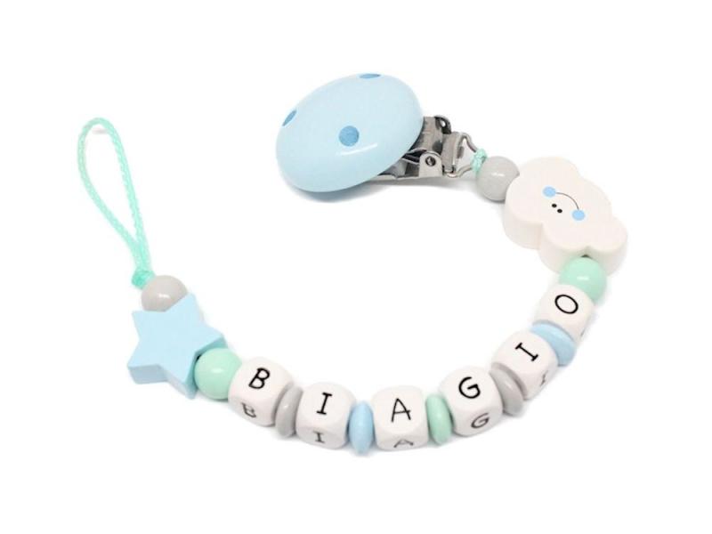 Schnullerkette mit Namen Wolke + Stern hellblau/mint
